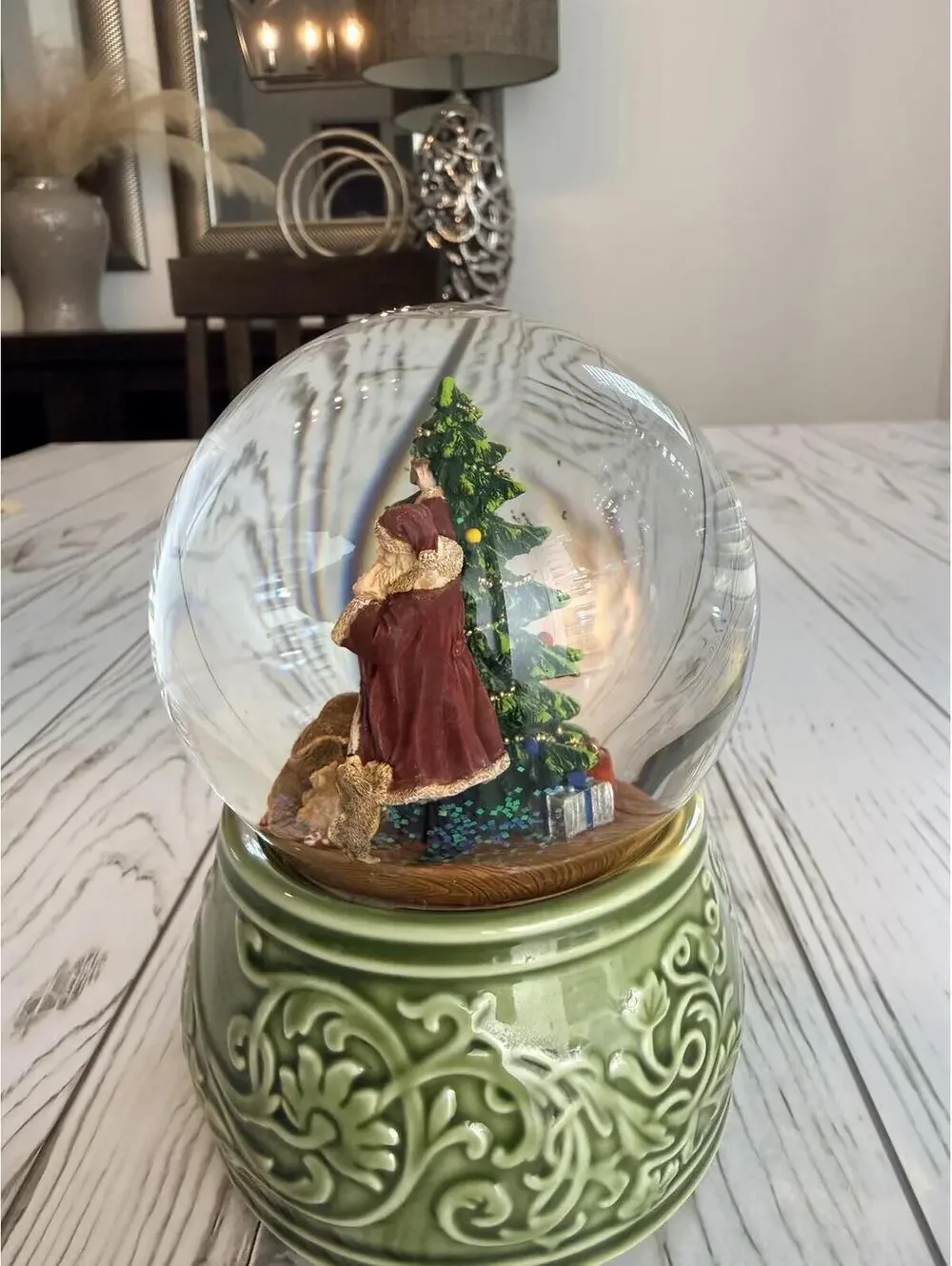 Rare Large 8” Santa Christmas Tree Snow Globe Glitter Green Holiday Decor